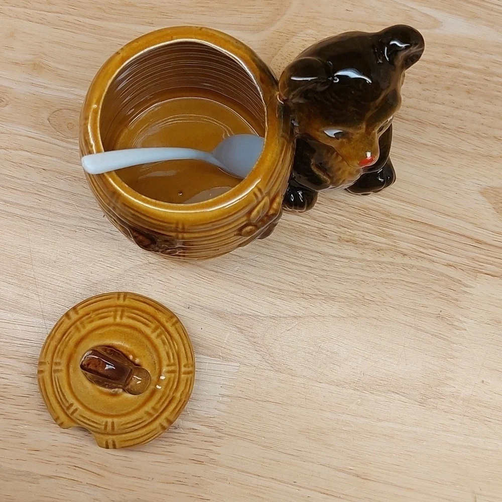 Vintage Japanese Teddy bear lidded honey🍯 jar w spoon